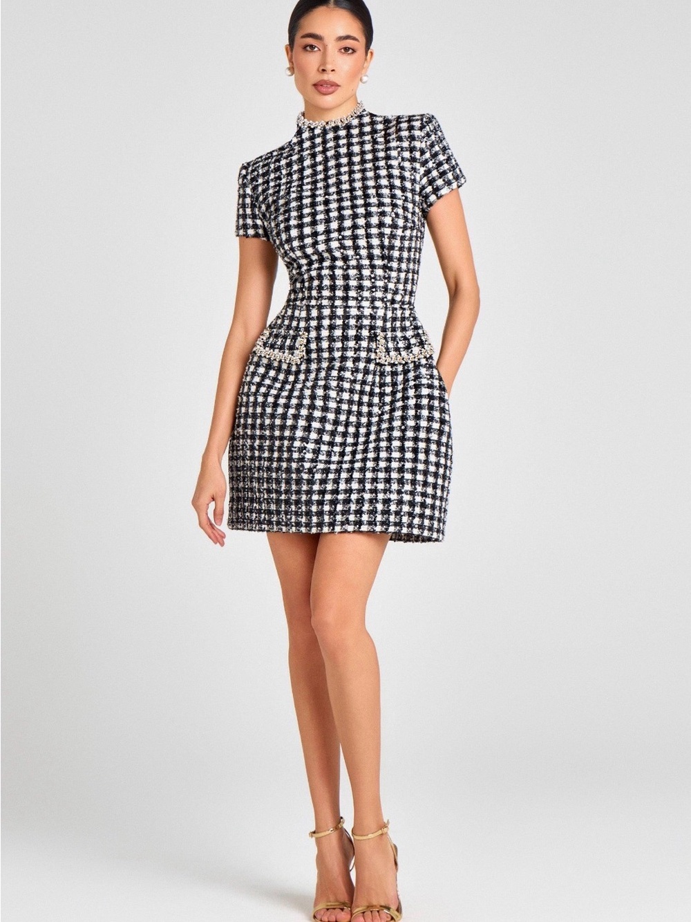 NADINE MERABI Mila Check Tweed Pearl Sequin Mini Dress XS NWT